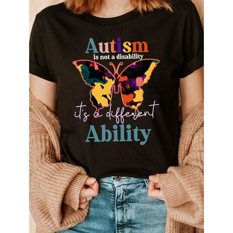 

Women s Autism Butterfly Print T-Shirt - Soft Casual Short Sleeve Crew Neck Top with Symbol, Semi-Sheer for & Daily Wear (Machine Washable) S чёрный