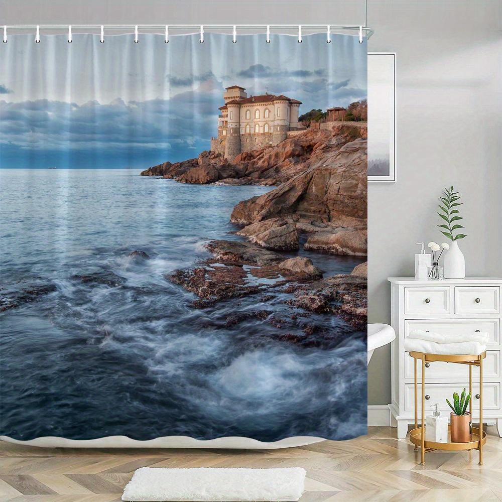 

Shower Curtain: Coastal Castle on Rocky Cliffs for a Dramatic and Ocean-Inspired Bathroom Decor W90XH180cm