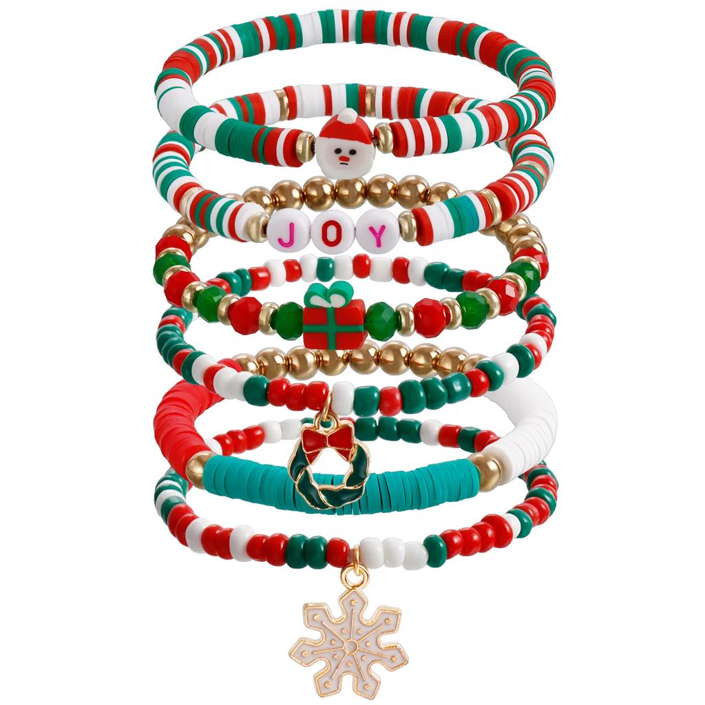 Y2K Polymer Clay Stackable Bracelet Set For Women Santa Claus Tree Elk Deer Snowflake Charm Beaded Bangle Christmas Jewelry