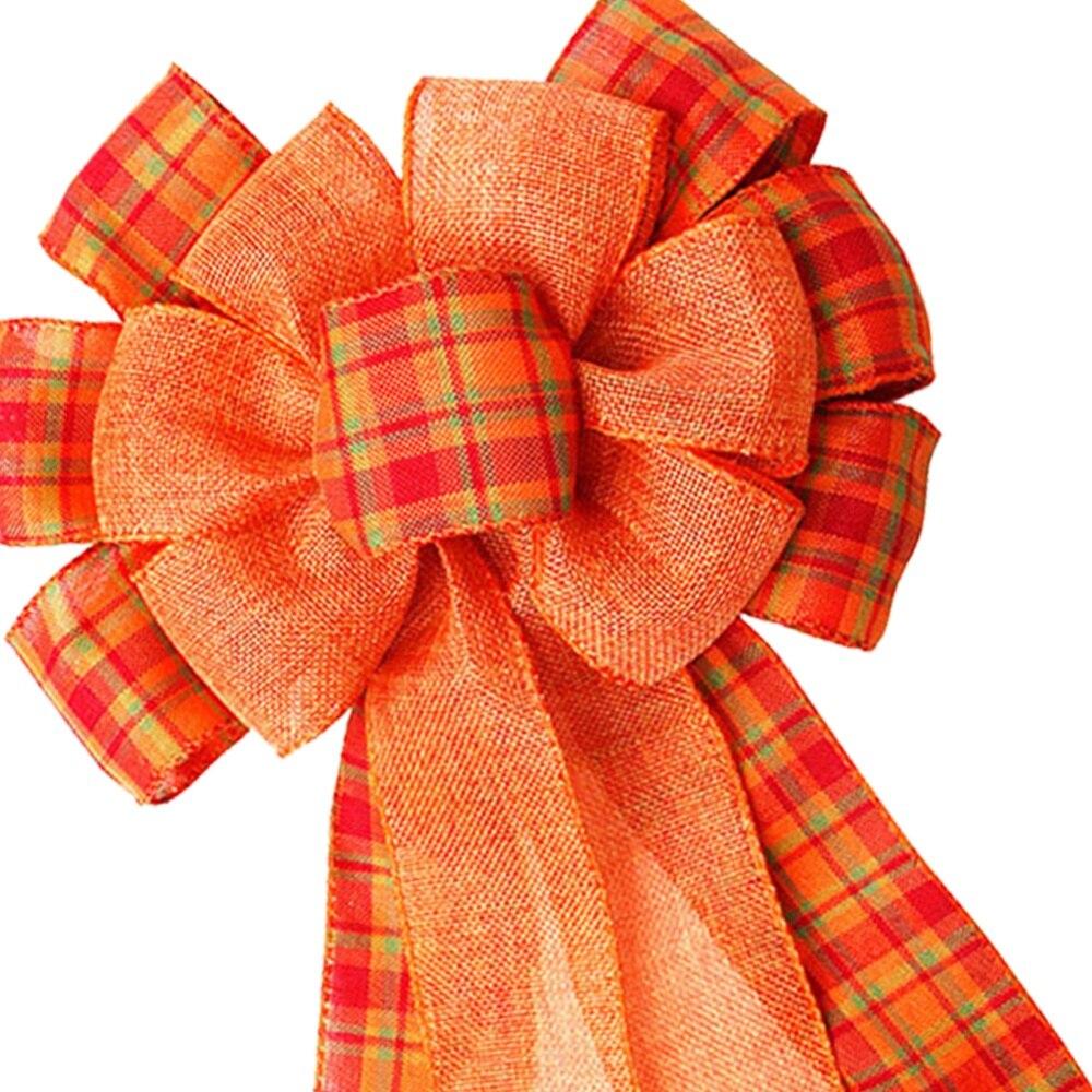 Lagre Orange Fall Bow Buffalo Plaid Bow Christmas Tree Decoration Ornament Handmade Plaid Bowknot New Year Home Decor