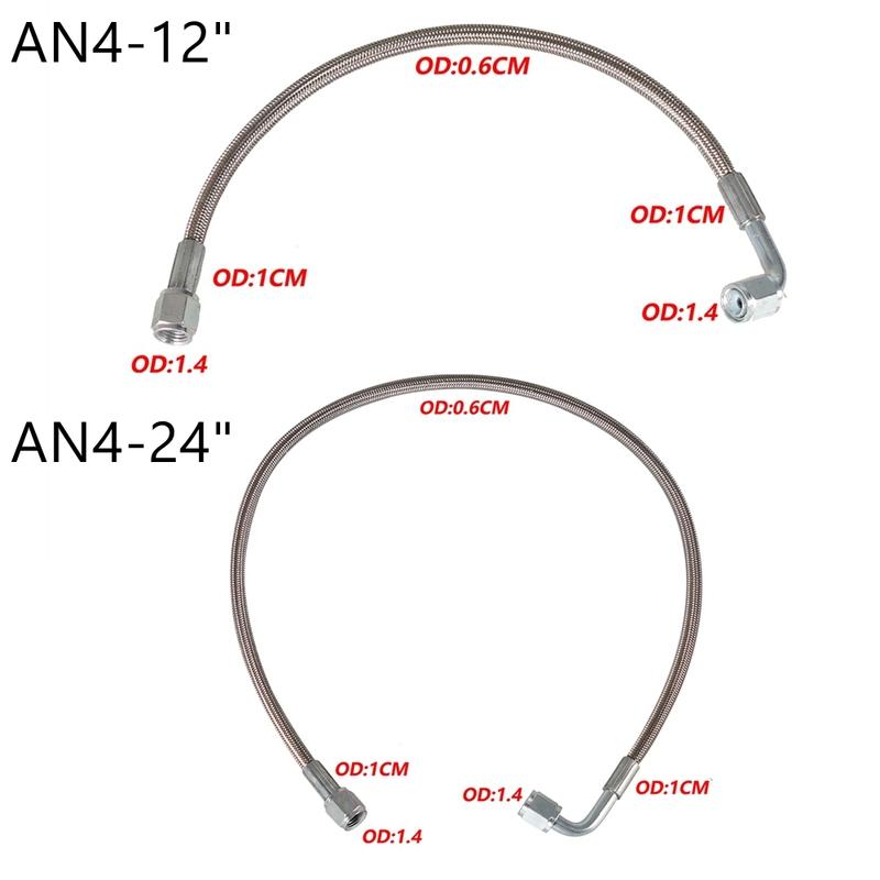 Universal 12" 24" 36" 48" 60" Turbo Oil Feed Line Kit Stainless steel Braided AN4 0+90 Degree PTFE Turbine Oil Feed Pipe
