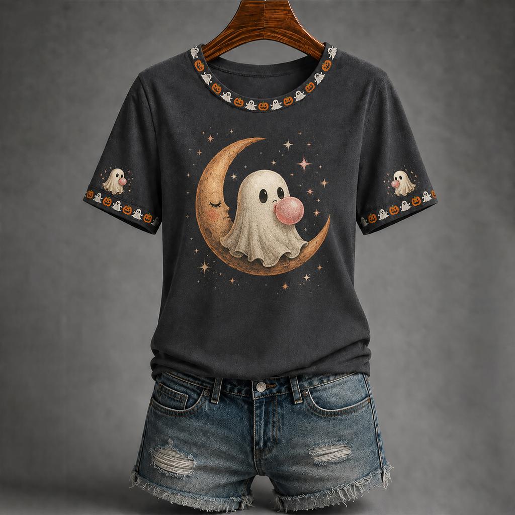 Women's Casual Halloween Print Short Sleeve T-Shirt Top for Everyday Outfits