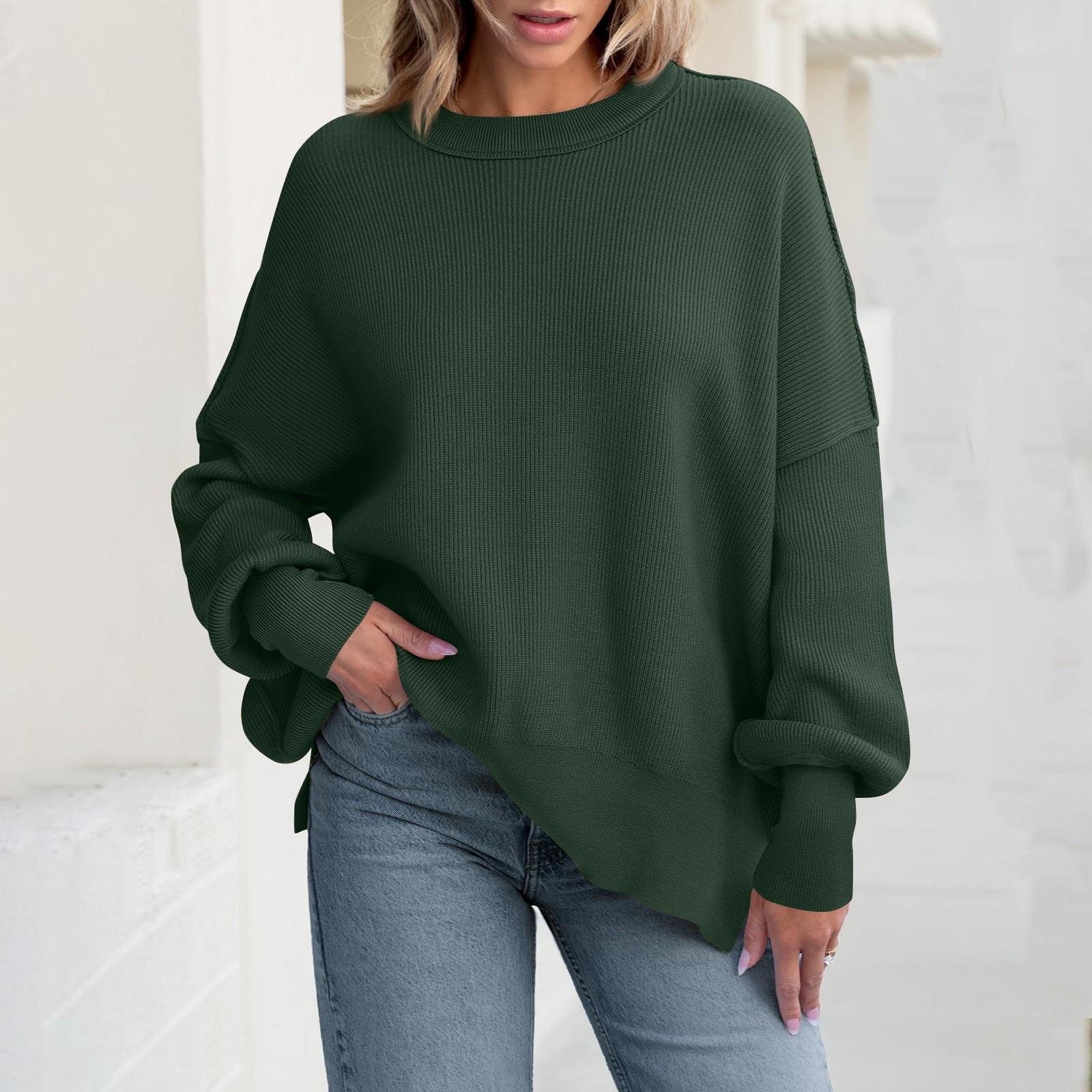 Winter New Loose Women s Pullover Knitted Cardigan Long Sleeve Slit Round Neck Sweater Women S 3696₽