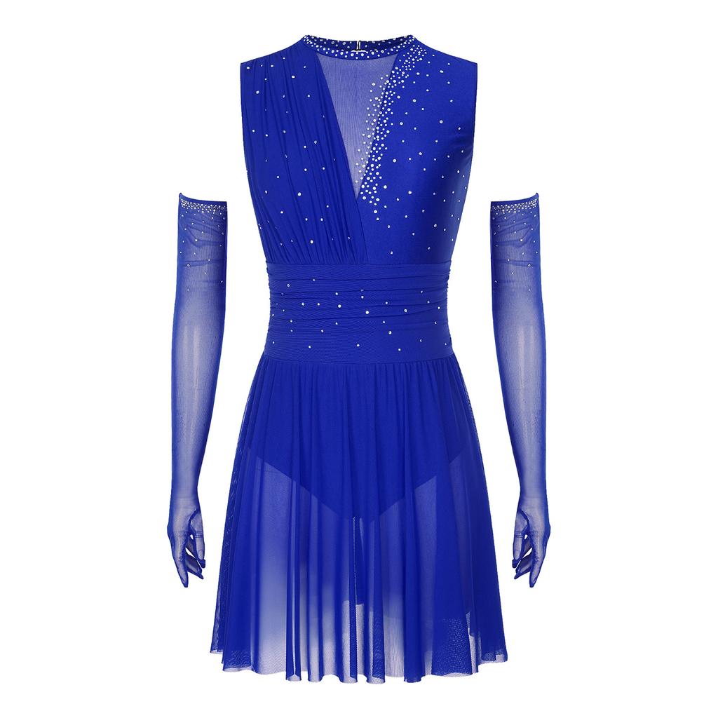 Damska sukienka do łyżwiarstwa figurowego Długie rękawiczki Bez rękawów Błyszczące cyrkonie Odkryte plecy Spódnica Trykot