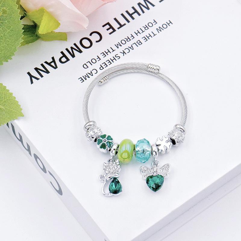 Elegant Ladies Love Bow Crystal Bead Bracelet with Diamond Fox Pendant Stainless Steel Bangle