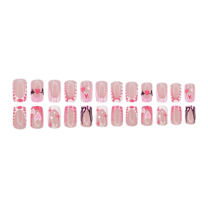 Stylish Pink Heart Press on Nail Medium Square False Nail Acrylic Stick on Nail for Enhancing Valentine's Day Charm