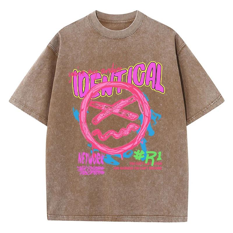 Men's Washed Cotton T-shirt Funny Sad Expression Graffiti Printed T-shirt Summer Street Short Sleeved Oversized Clothing