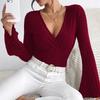 Women's Elegant Knitted Ribbed V-Neck Bell Sleeve Design T-Shirt Top