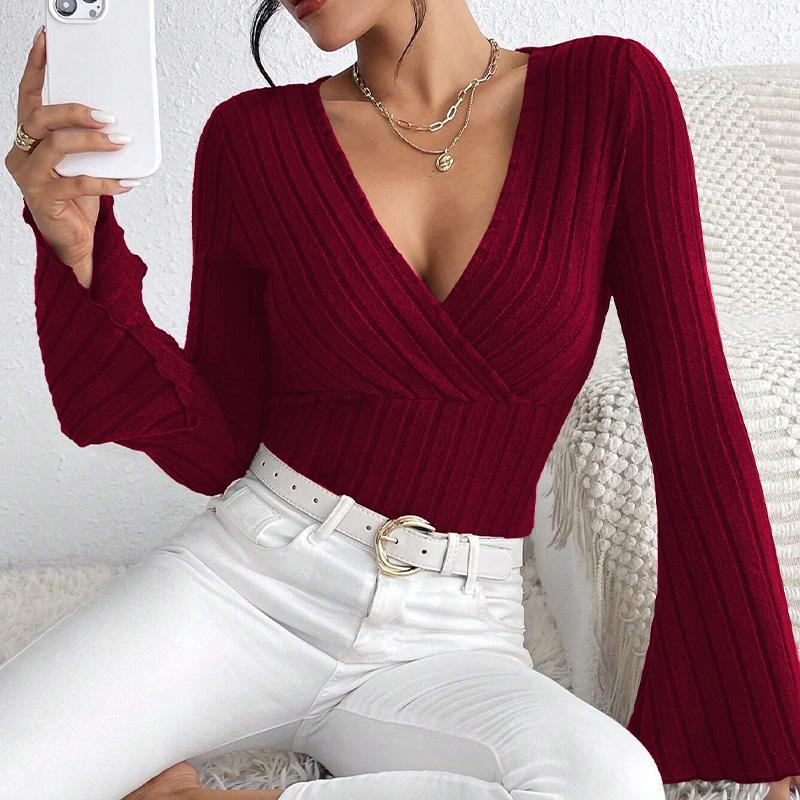 Women's Elegant Knitted Ribbed V-Neck Bell Sleeve Design T-Shirt Top