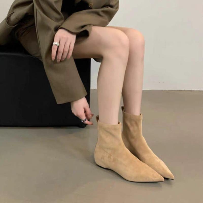 Fashion 2025 Autumn and Winter New Simple Matte Suede Flat Sole Flat Heel Skinny Boots Temperament Pointed Toe Mid-leg Boots