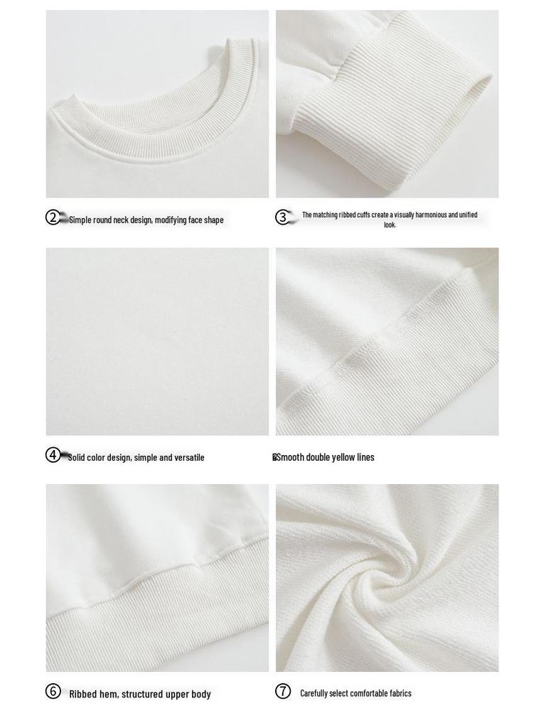 Spring Crew Neck Sweatshirt: Drop Shoulder, Solid Color, Long Sleeve, Logo-Printed Workwear.