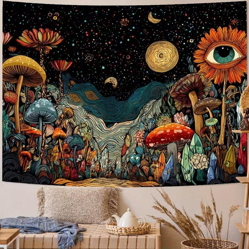 2D Psychedelic Forest Tapestry, Magic Mushrooms & Cosmic Starry Sky Wall Hanging 47.2x31.5inch/120*80cm