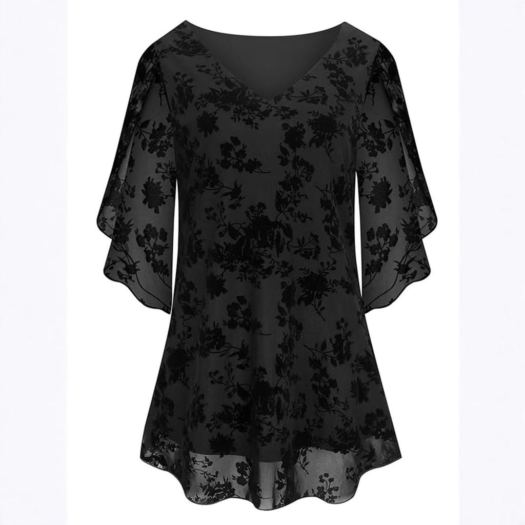 Double-layer Flocking Elastic Mesh Women's Summer Three-quarter Flared Sleeve Cinched Waist V-neck Top