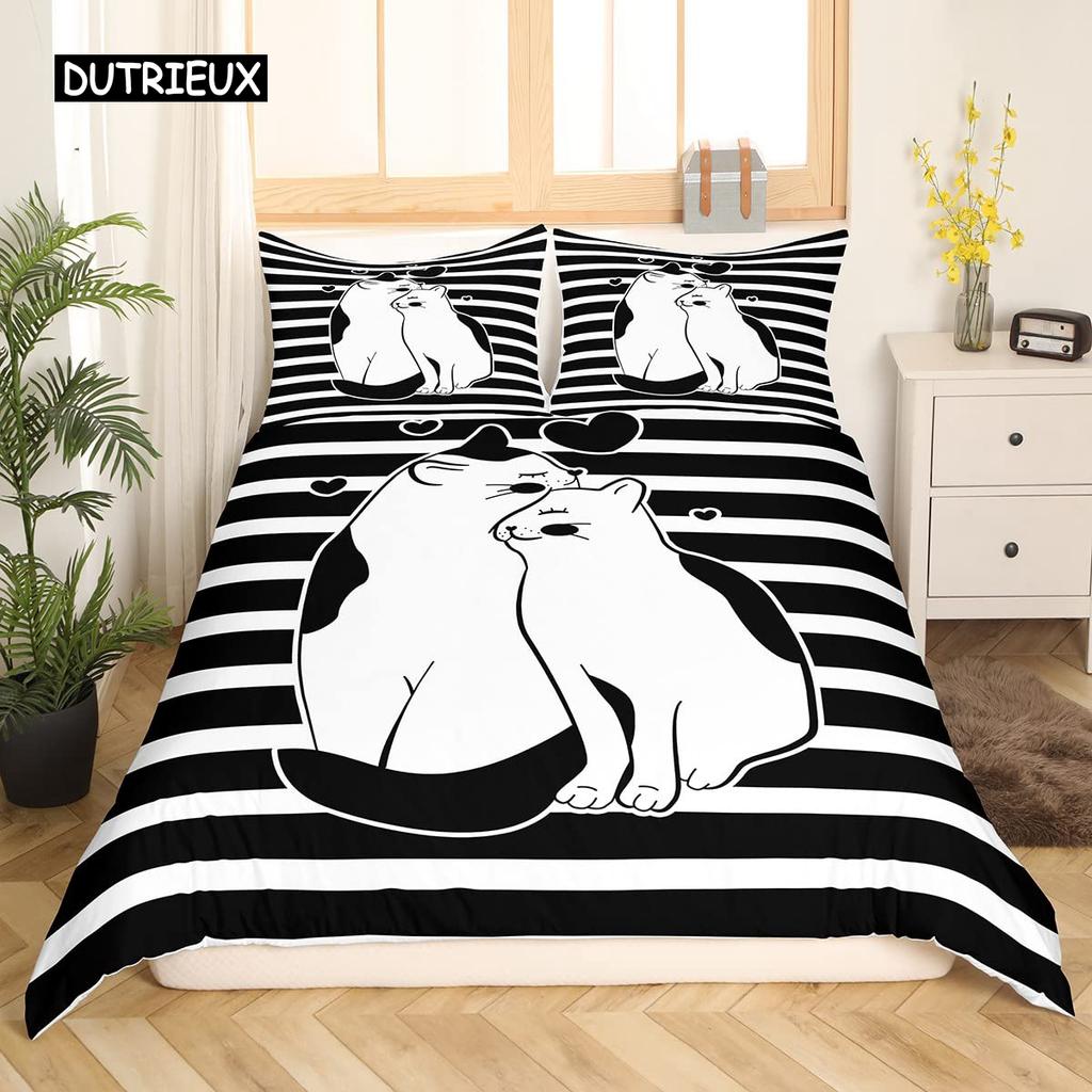 Black and White Duvet Cover Set King and Queen Bedding Set for Couple Romantic Valentine's Day Presents Polyester Duvet Cover