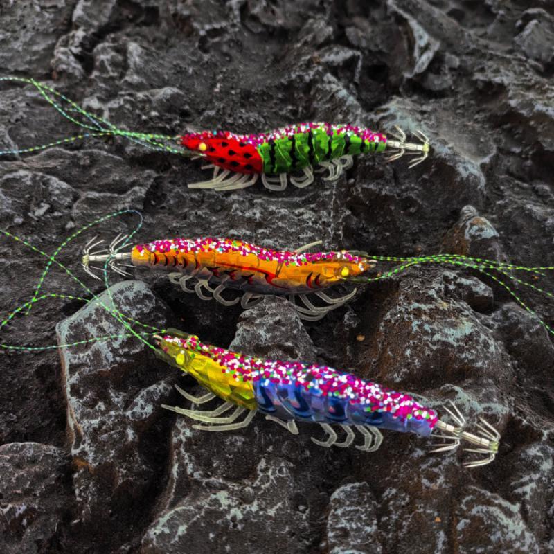 Luminous Squid Fishing Jigs Realistic Glitter Shrimp Sharp Barbed Hooks For Saltwater Offshore Squid Cuttlefish Fishing