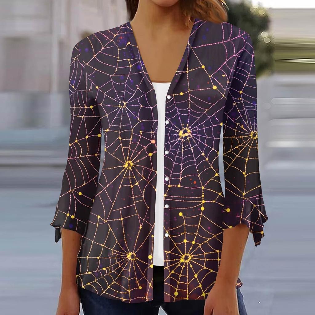 Damen Locker Lässig Bedruckt Siebenärmel Knopfleiste Hemd Strickjacke Top