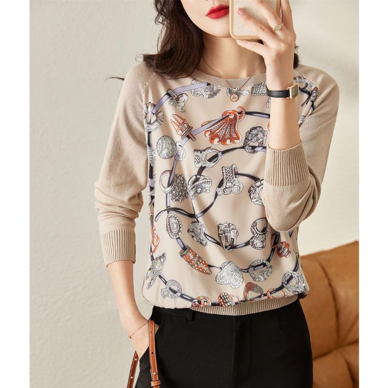 Knit Shirt Women's Knitwear Long-sleeved Autumn Loose Bottoming Shirt Printed Tops