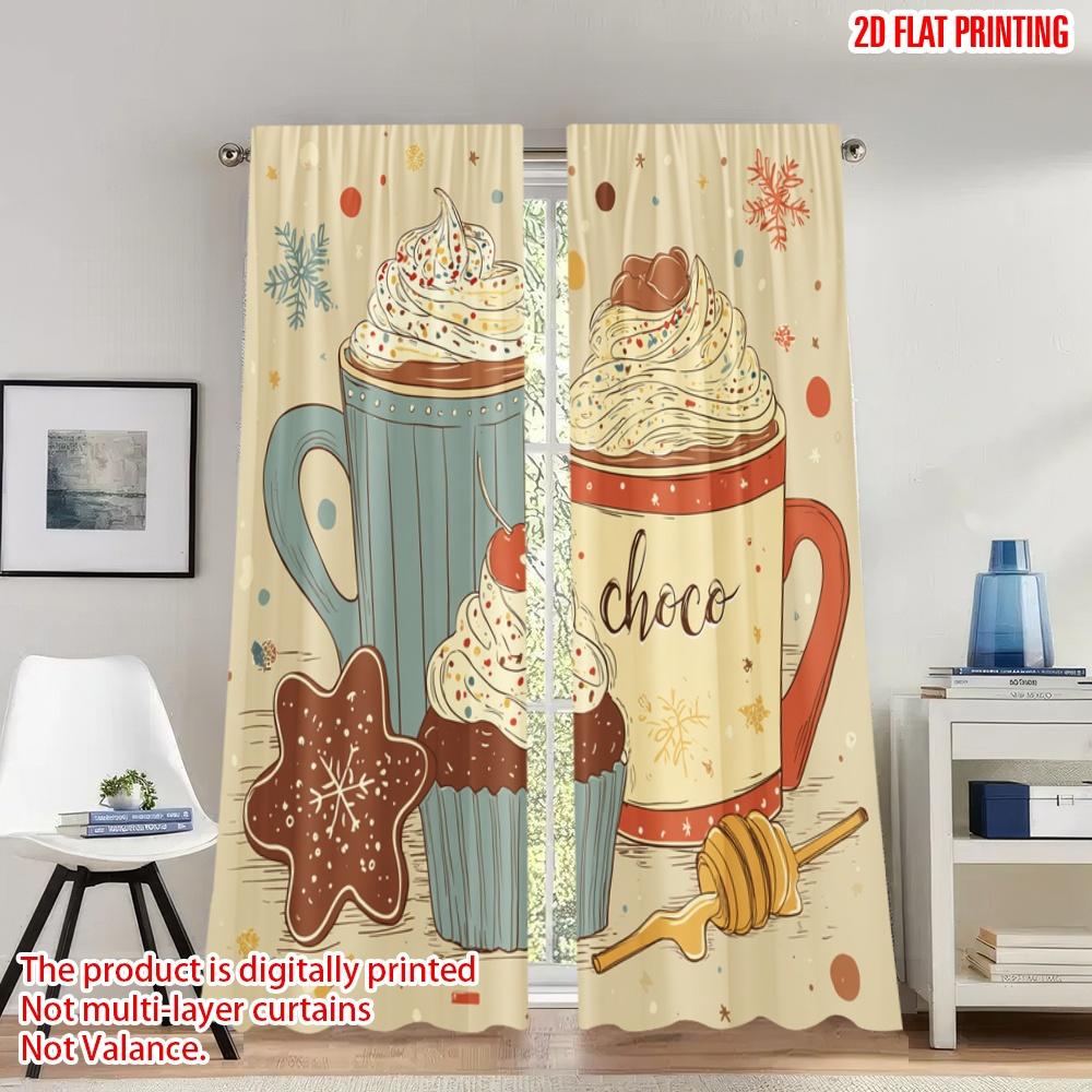 

Set Of 2 Flat Printing Christmas Party Curtains Cozy Winter Drinks Treats Digital Printed Polyester Drapes Festive Use Curtain Made W100*H70(CM)-Rod Pocket&2PCS
