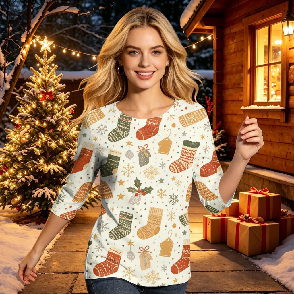Women's Fashion Casual Three-Quarter Sleeve Christmas Print Neck Top