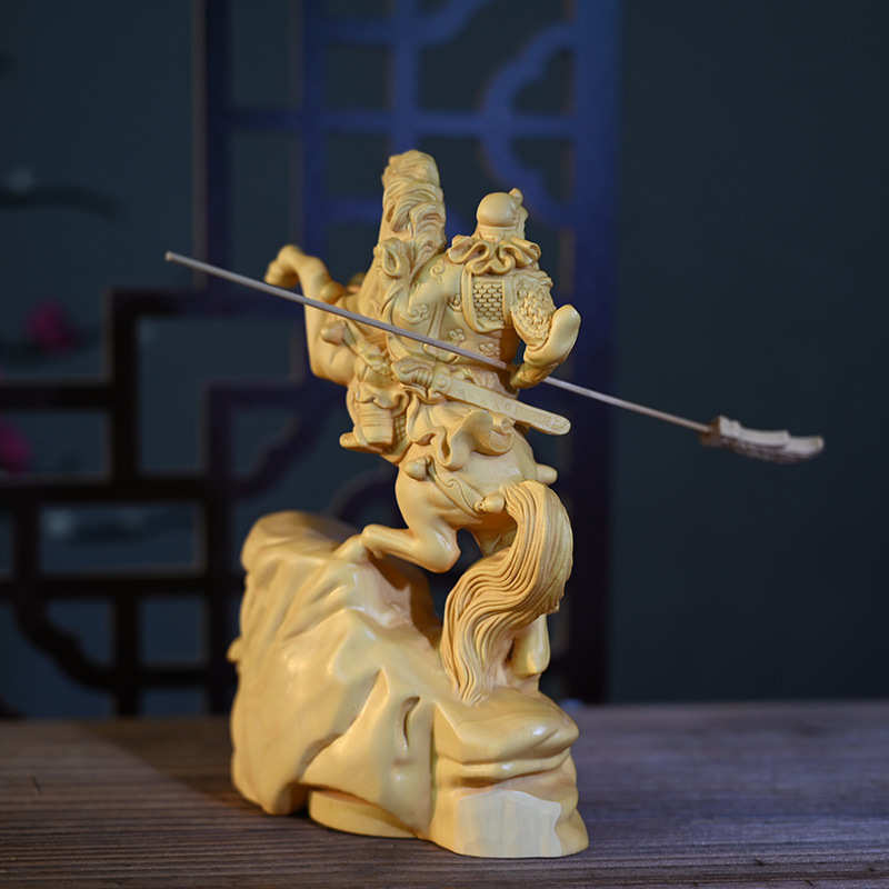 Wood Carving Riding a Horse Guan Gong God of Wealth Statue Chinese Mythological Figure Home Room, Office Decoration Accessories