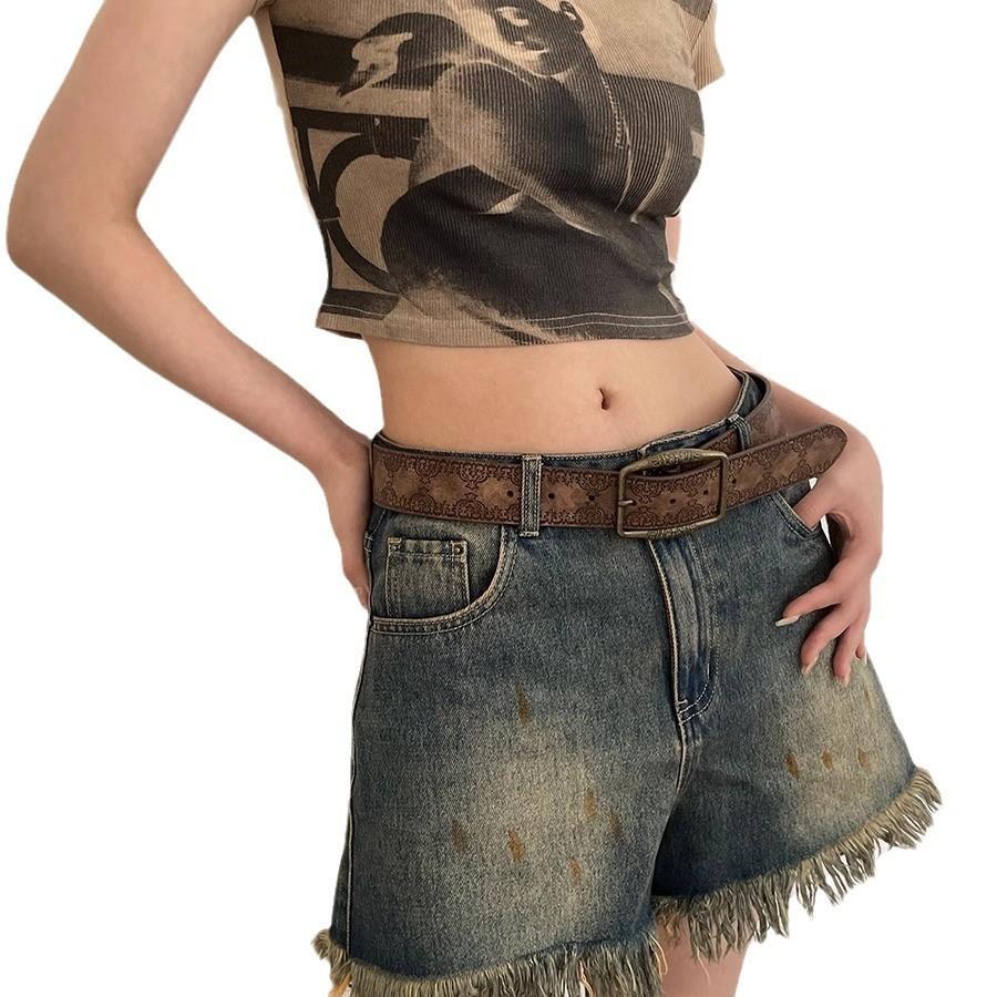 Vintage American Style Womens Pu Leather Belt With Metal Buckle For Casual Denim Wear