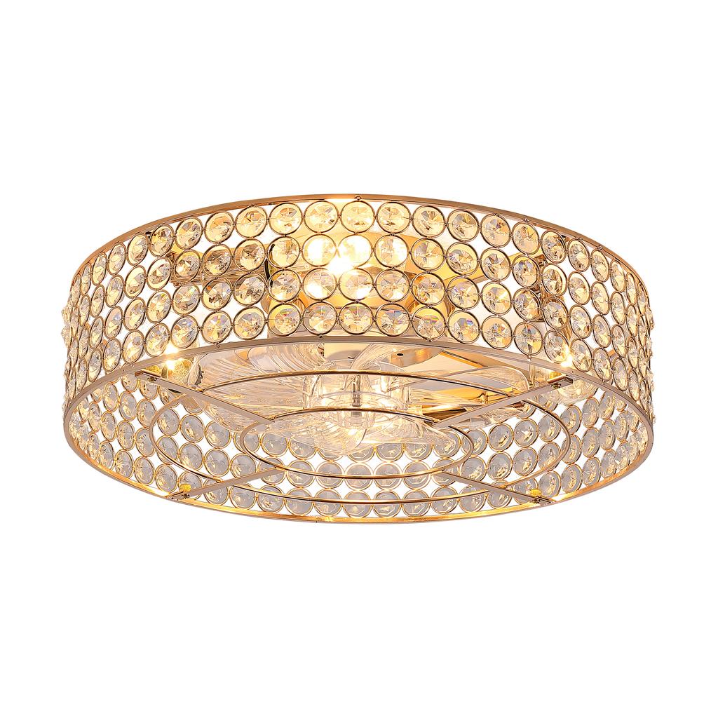 19-Inch Flush Mount Fan Light with Gold Crystals, ABS Blades, Dual Control Via App and Remote Control, 6 Speed Settings, Low-Ceiling Spaces
