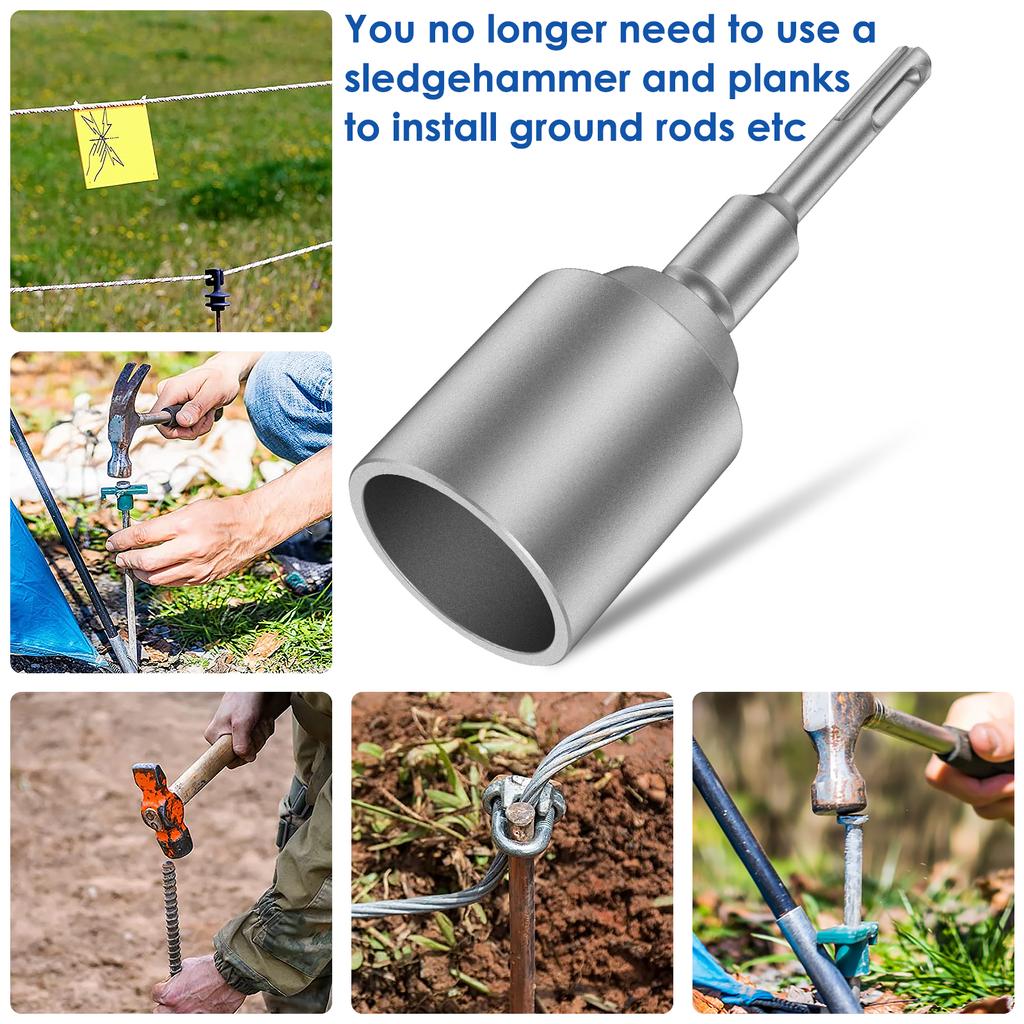 SDS-Plus Ground Rod Driver 30/45/65mm Drill Bit Driver Heavy Duty T Post Tool Forged Steel Durable Hammer