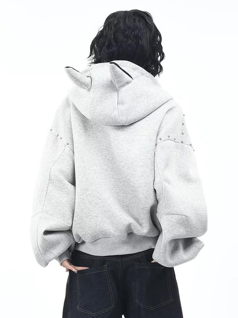 Damen Baggy Kapuzenpullover Niet-Spleißmantel Reißverschluss Strickjacke Jacke Harajuku Kleidung Herbst Winter