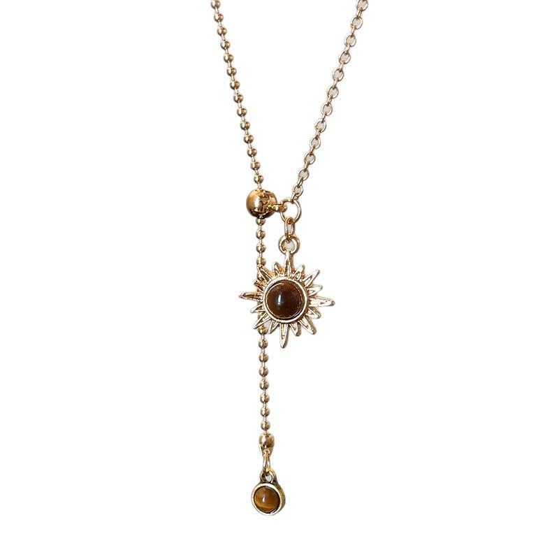 Sunflower Tiger Eye Stone Pendant Necklace - Stylish Snap-fastening Pullable Adjustable Sweater Chain
