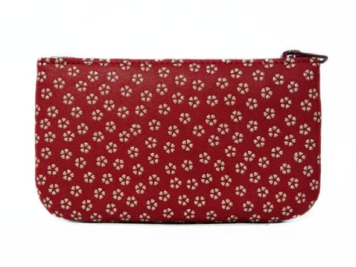 [Inden-ya] Inden Wallet with Zipper Coin Purse, 1002F Coin Purse 02, Red Deerskin with White Lacquer and Small Cherry Blossom Pattern, 6.3cm x 10.5cm