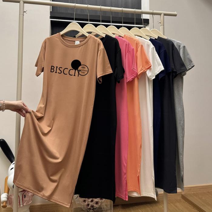 Knee-length T-shirt Dress, Loose, Casual and Laid-back Style Straight Skirt, Round-neck Double Slit Short-sleeved Dress for Women In Summer