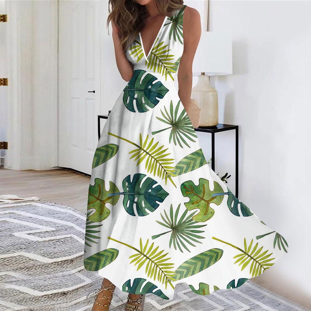 Women's Fashion Summer Floral Print V-Neck Sleeveless Tunic Casual Dresses