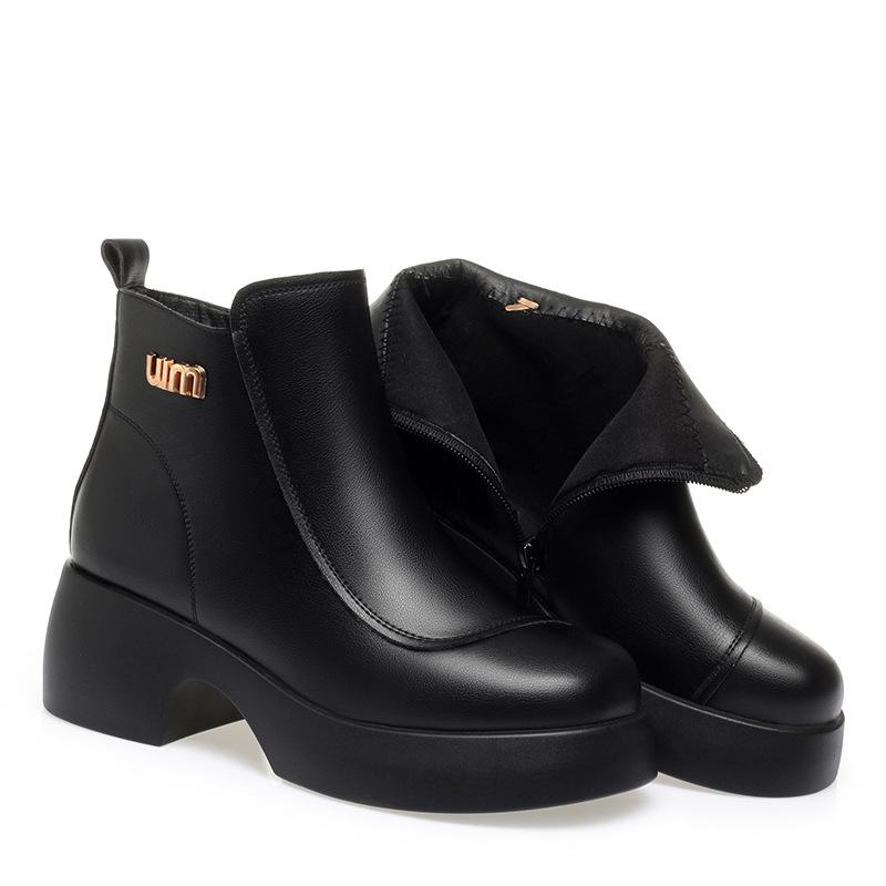 

мода Женская мода осень зима повседневные удобные женские кожаные туфли с круглым носком на молнии квадратный каблук толстая подошва элегантные короткие сапоги 39(Foot24.5cm)