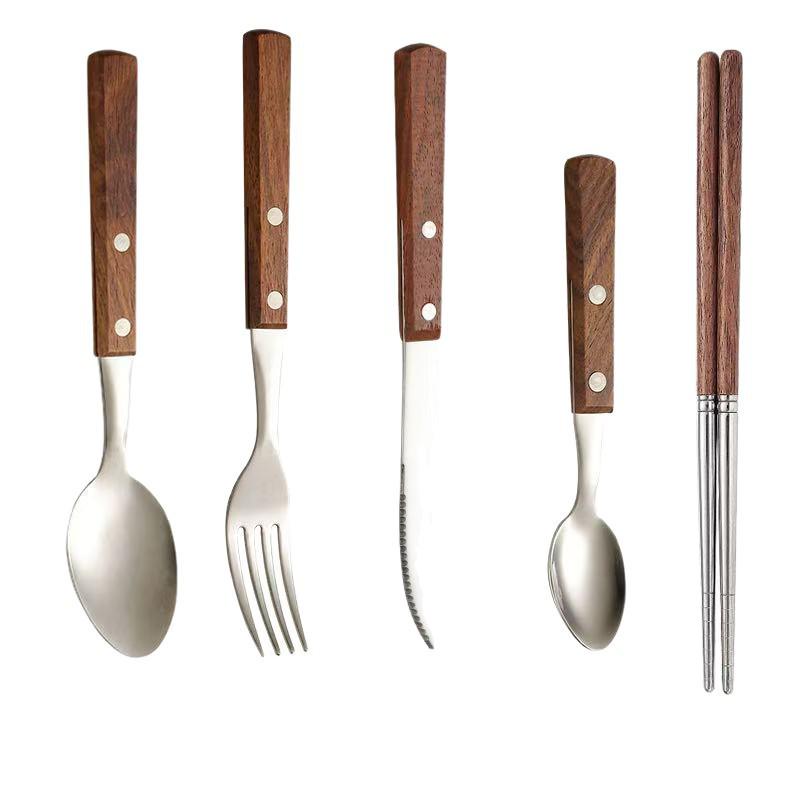Rosewood Handle 304 Stainless Steel Cutlery Set: Knife, Fork, Spoon, Tea Spoon, and Steak Knife.