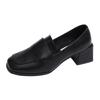 Black loafers square-headed lazy one-pedal thick high-heeled small leather shoes versatile French Mary Jane single shoes women's middle heel
