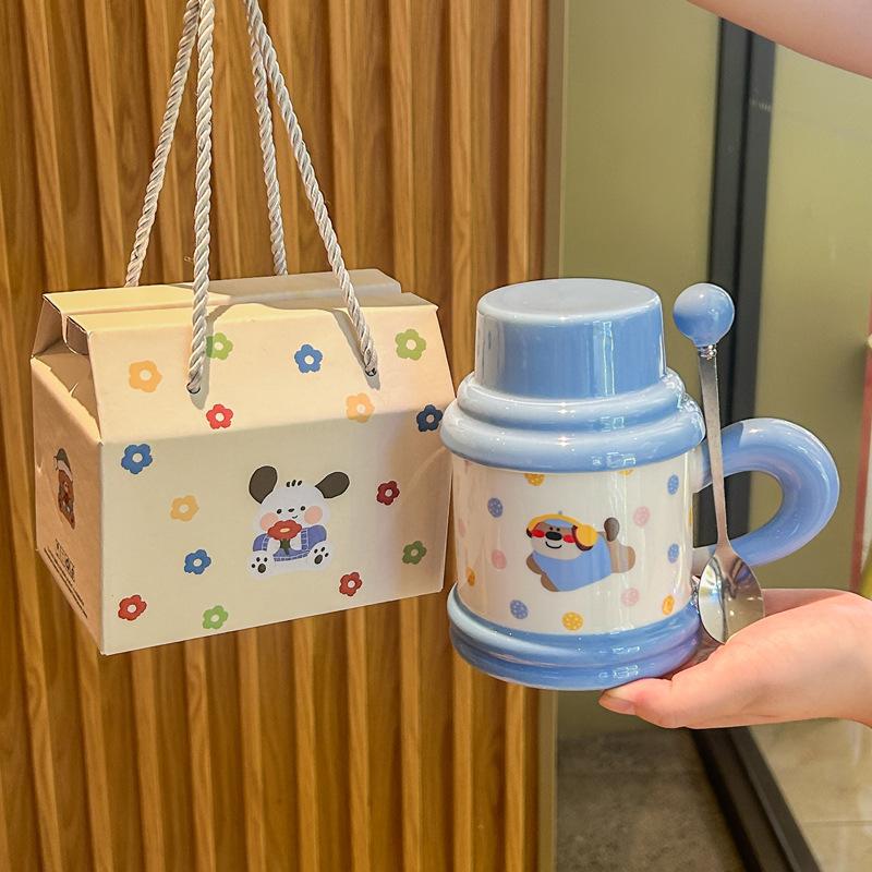 Cute and high-value puppy mug with lid spoon cartoon kitten ceramic cup for girl classmates birthday gift