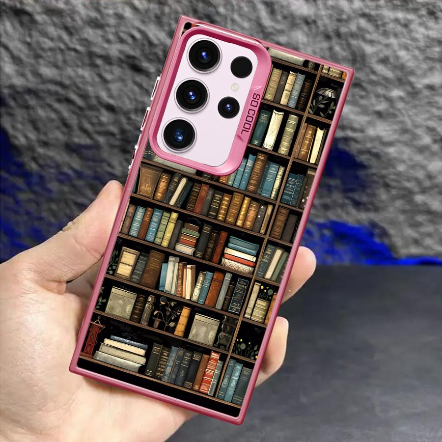Phone Case for Samsung Galaxy S23 S24 S25 Ultra S20 S22 S23 FE Note 20 S21 Plus S24FE Shell Cover Vintage Bookshelf Kitten