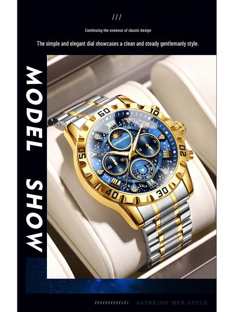 BINBOND Men's Luminous Stainless Steel Moon Phase Quartz Watch