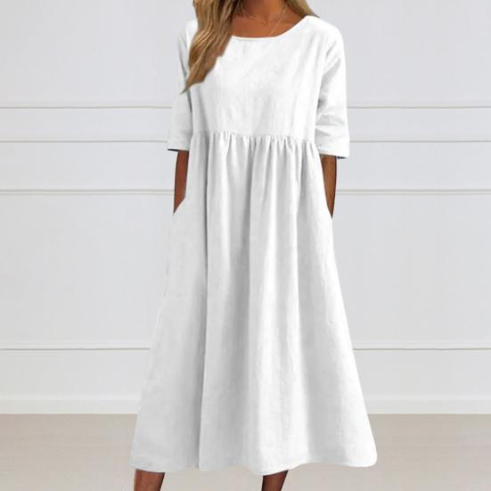 Strandkleid Kurzarm Rundhalsausschnitt Tasche Knitterarm Lässig Alltagskleidung Leinen Einfarbig Damenkleid Urlaubsaccessoire