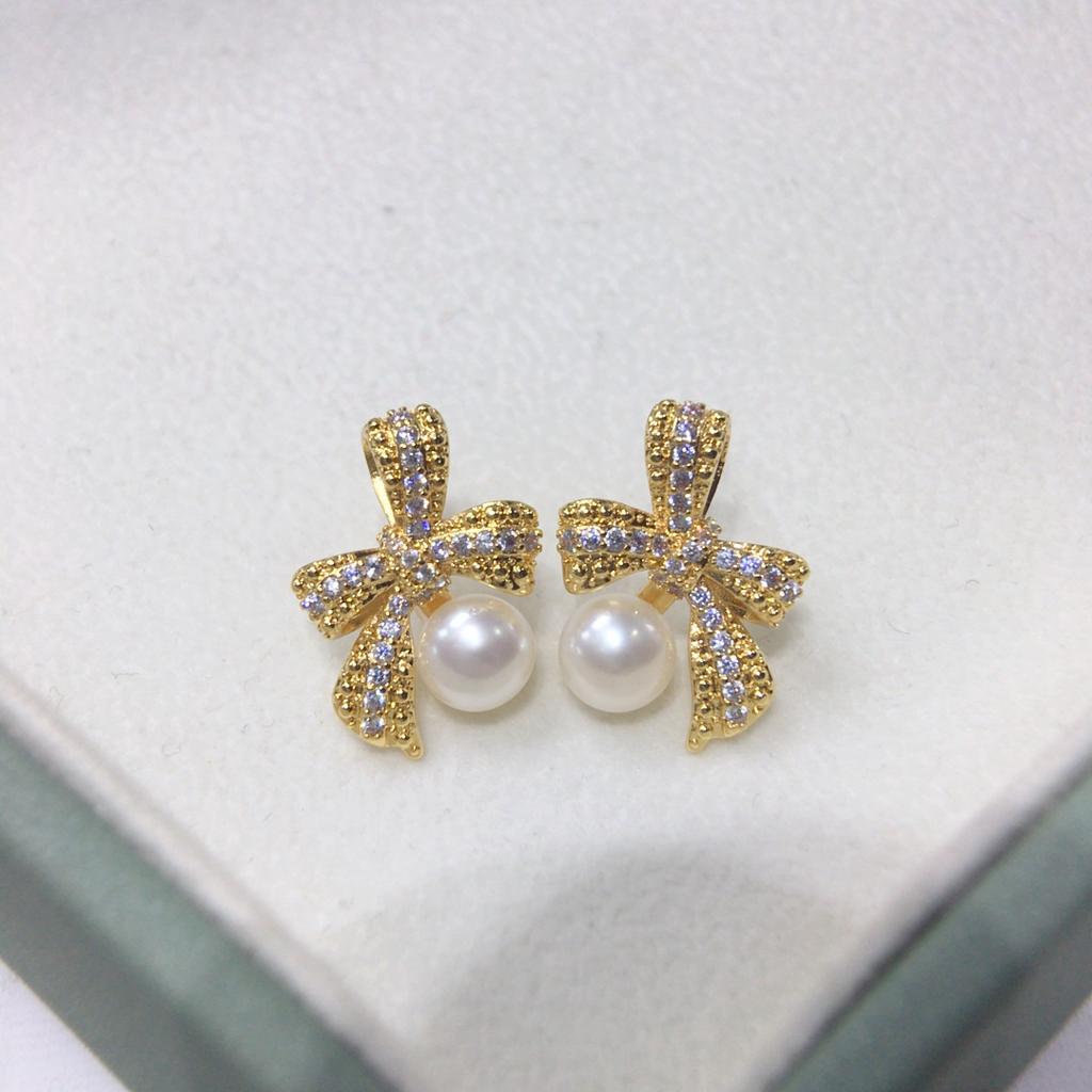 Natural Freshwater Pearl Earrings for Women, Delicate Three-dimensional Bow with Micro Inlaid Zircon, Sweet and Cute Pearl Earrings