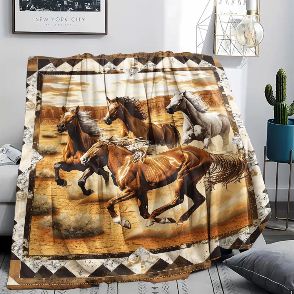 1Pc Horses Painting Print Flannel Blanket, High Quality Comfortable for All Seasons, Home Decor, Warmth and Comfort, Perfect for Christmas Gifts
