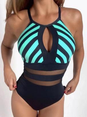 Women's Sexy And Fashionable High-neck Halterneck Striped One-piece Bikini Swimsuit