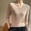 Women's Wool Knit Top, Loose Fit, 3/4 Sleeve, Crew Neck, Base Layer - Spring/Autumn 2023.