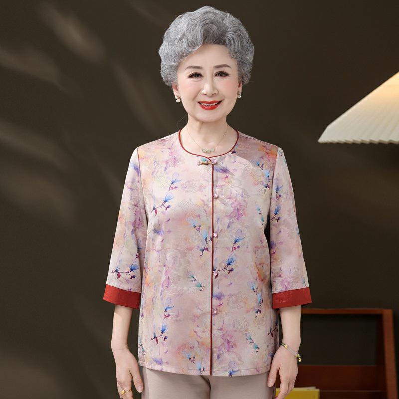 

New Summer Arrivals: Chinese Style Printed Nine-Sleeve Top for Middle-Aged & Elderly Women - Fashion Plus Size Color Block Shirt XL (for 105-120 jin) бежевый