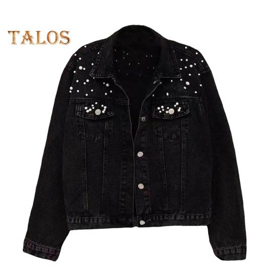 

Зимняя женская куртка с отделкой из бисера, большие размеры, длинные рукава, отложной воротник, нагрудные карманы, застежка на пуговицы, пальто короткого типа, повседневная уличная одежда, джинсовые пальто XL чёрный