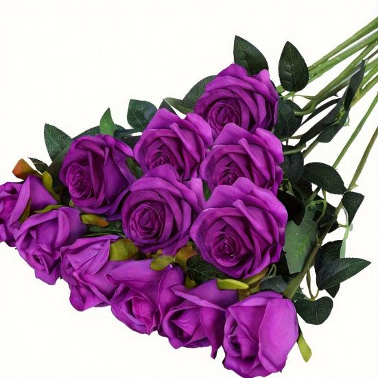 Artificial Rose Flower with Green Leaves Realistic Fake Silk Flower Branch Home Office Wedding Party Faux Bloom Decoration Table Centerpiece