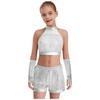 Mädchen Ärmelloses Glitzerndes Pailletten Tanz Crop Top Schlüsselloch Rücken Design Passende Shorts Quasten Metallic Handschuhe Set