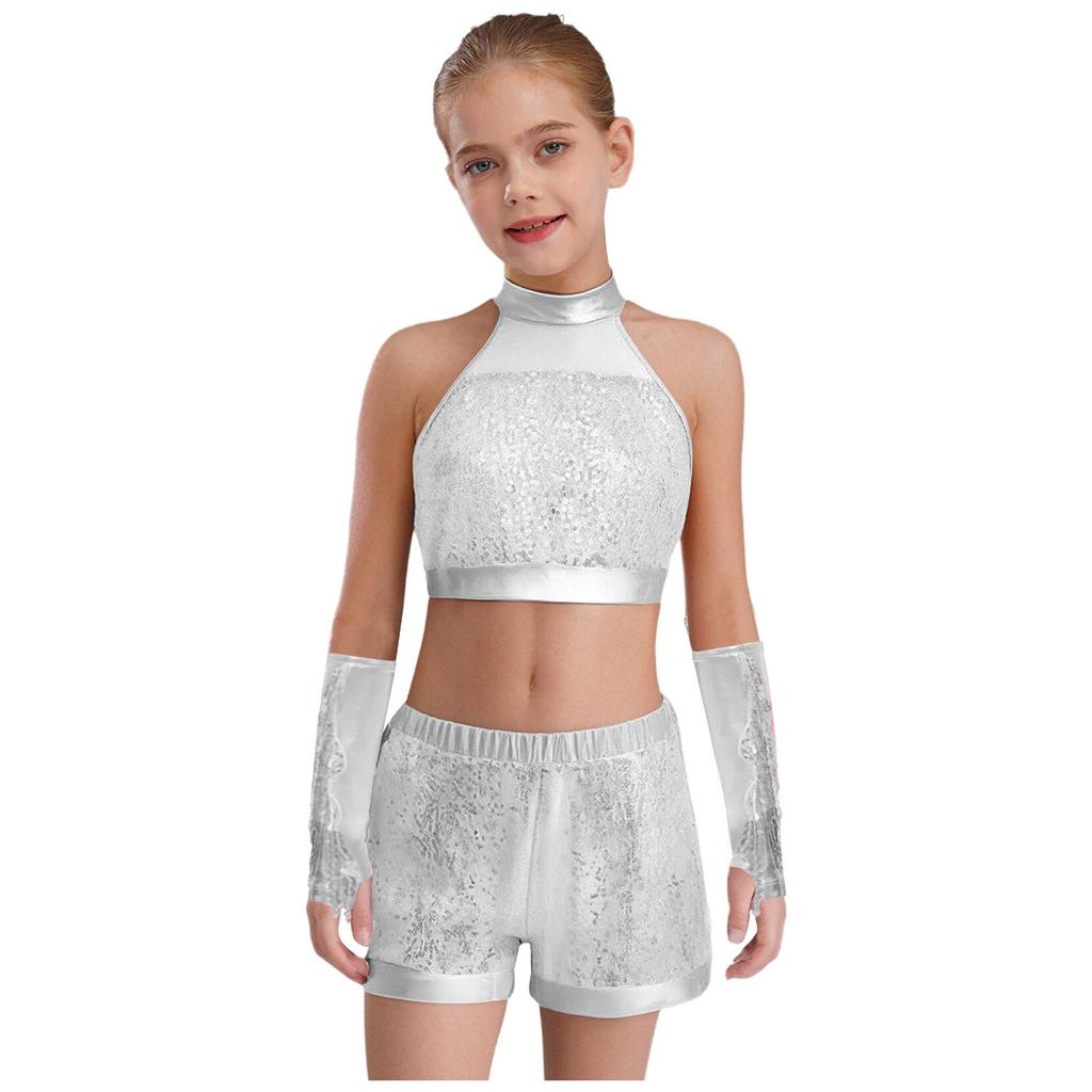 Mädchen Ärmelloses Glitzerndes Pailletten Tanz Crop Top Schlüsselloch Rücken Design Passende Shorts Quasten Metallic Handschuhe Set