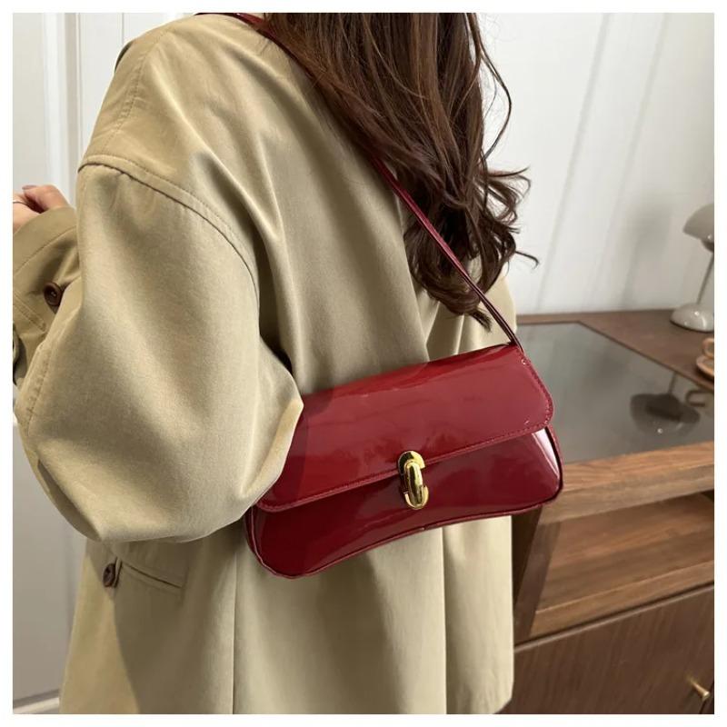 Vintage Glossy Solid Color PU Leather Women's Shoulder Bags Fashi Lock Ladies Underarm Bags Versatile Female Small Square Bag