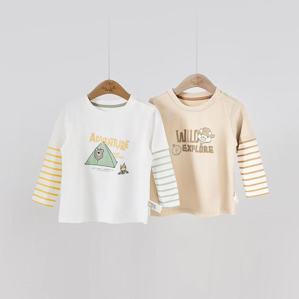 David Bella Children's Long sleeved T-shirt Spring Clothes Boys' Pure Cotton Top Men's Treasure Fake Two piece Bottom Shirt